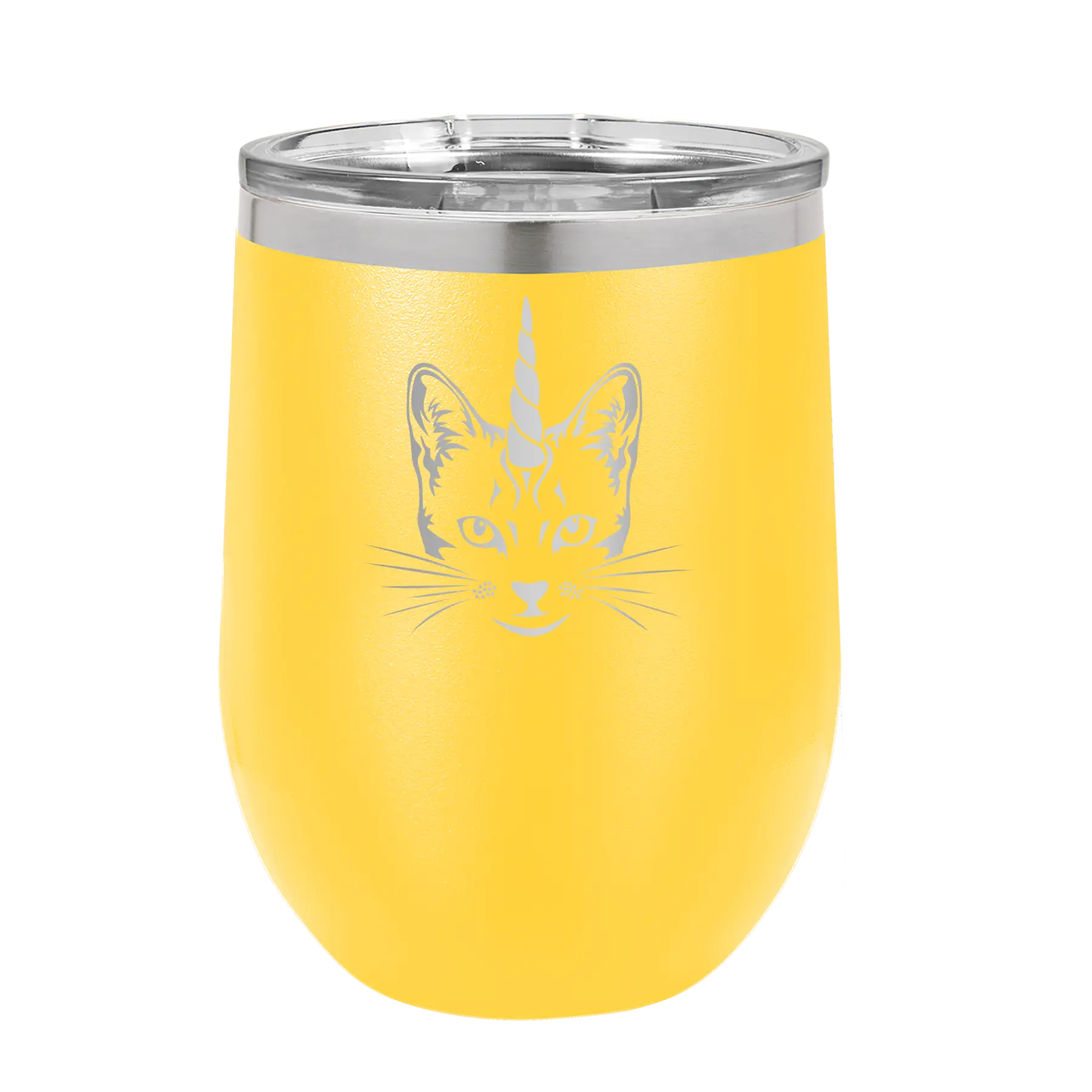 Laser etched yellow 12 oz vacuum insulated wine cup with 'Caticorn' design