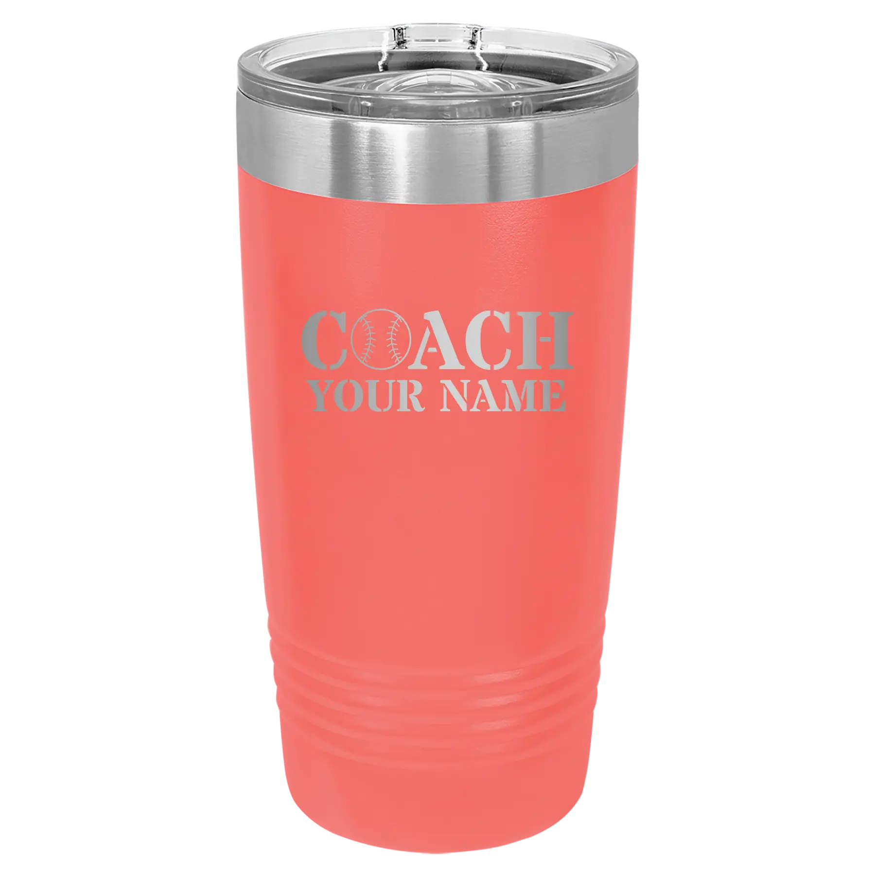 Personalized coral 20 oz vacuum insulated tumbler with 'Coach Baseball' design