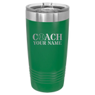 Personalized green 20 oz vacuum insulated tumbler with 'Coach Baseball' design
