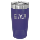 Personalized purple 20 oz vacuum insulated tumbler with 'Coach Baseball' design