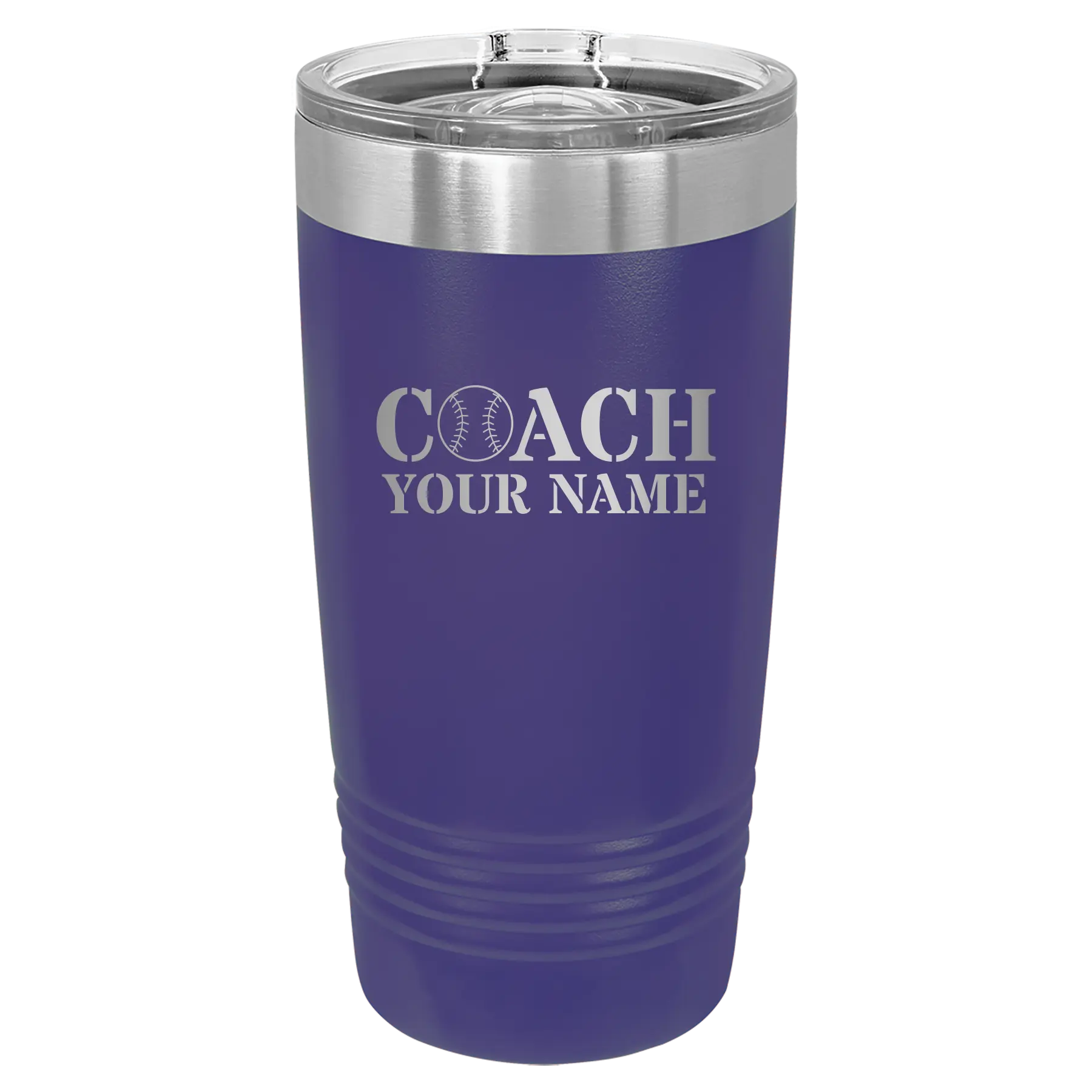 Personalized purple 20 oz vacuum insulated tumbler with 'Coach Baseball' design