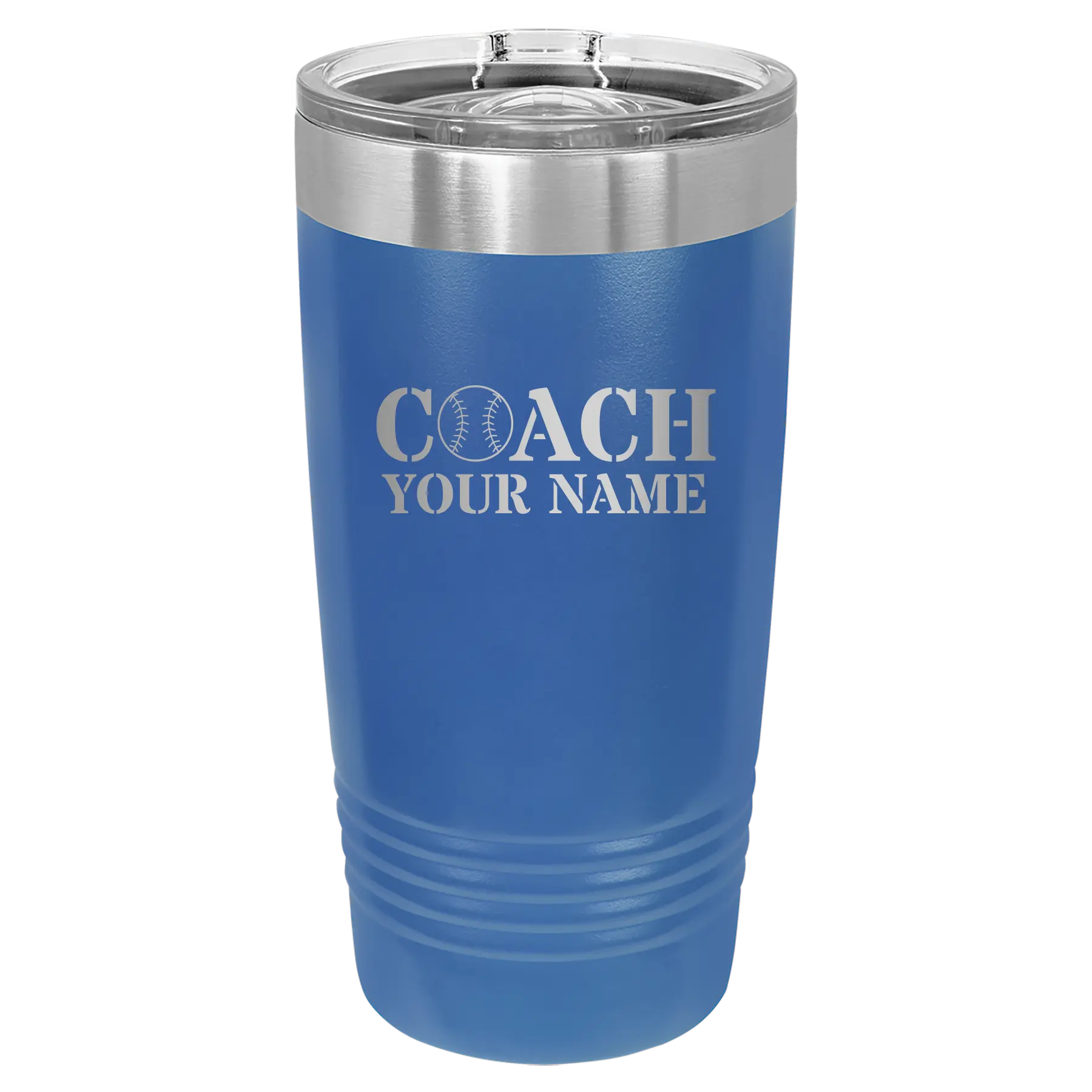 Personalized royal blue 20 oz vacuum insulated tumbler with 'Coach Baseball' design
