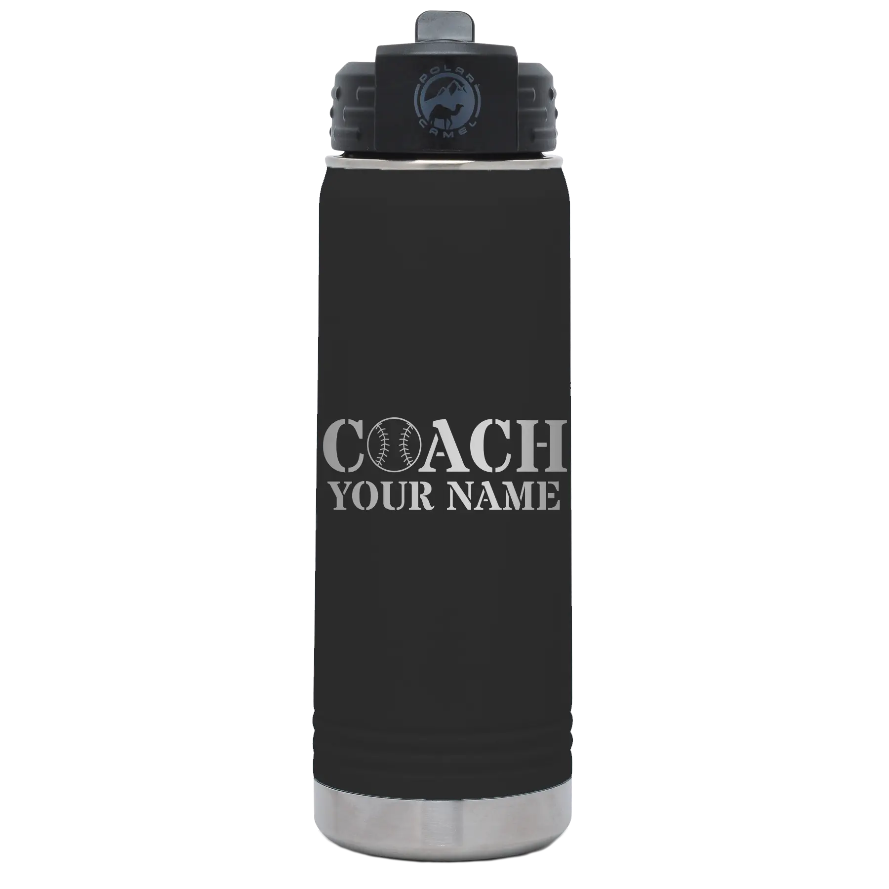 Personalized black 20 oz vacuum insulated water bottle with 'Coach Baseball' design