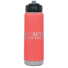 Personalized coral 20 oz vacuum insulated water bottle with 'Coach Baseball' design