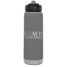 Personalized dark gray 20 oz vacuum insulated water bottle with 'Coach Baseball' design
