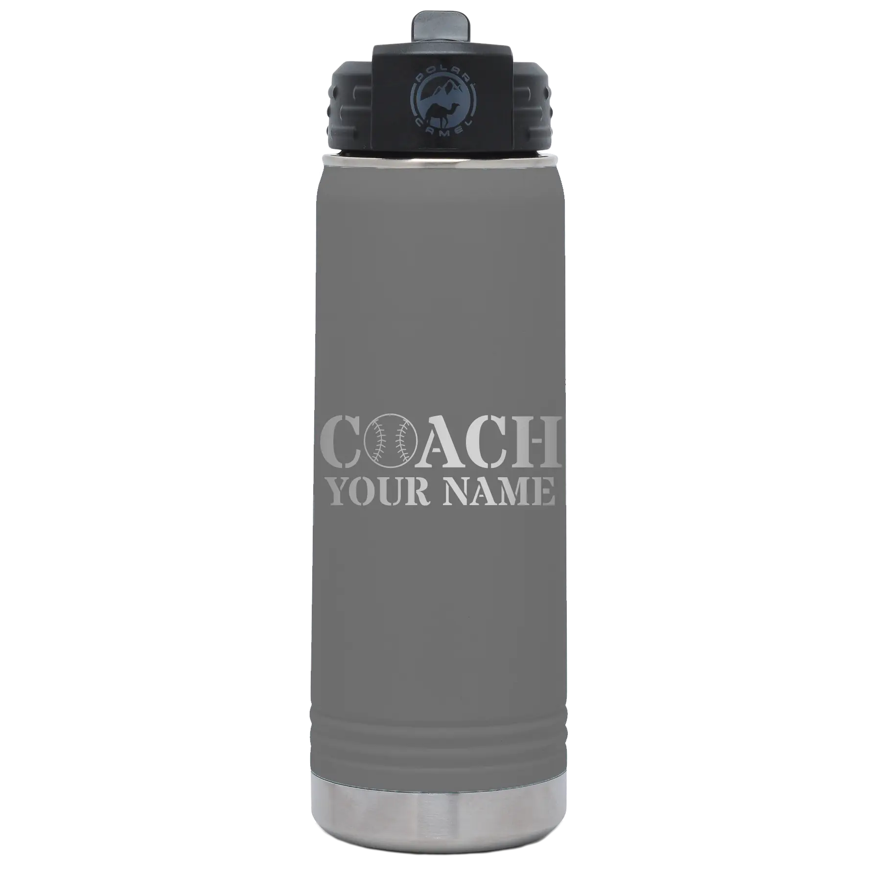 Personalized dark gray 20 oz vacuum insulated water bottle with 'Coach Baseball' design