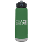 Personalized green 20 oz vacuum insulated water bottle with 'Coach Baseball' design