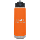 Personalized orange 20 oz vacuum insulated water bottle with 'Coach Baseball' design