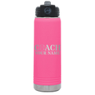 Personalized pink 20 oz vacuum insulated water bottle with 'Coach Baseball' design