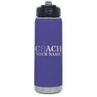 Personalized purple 20 oz vacuum insulated water bottle with 'Coach Baseball' design