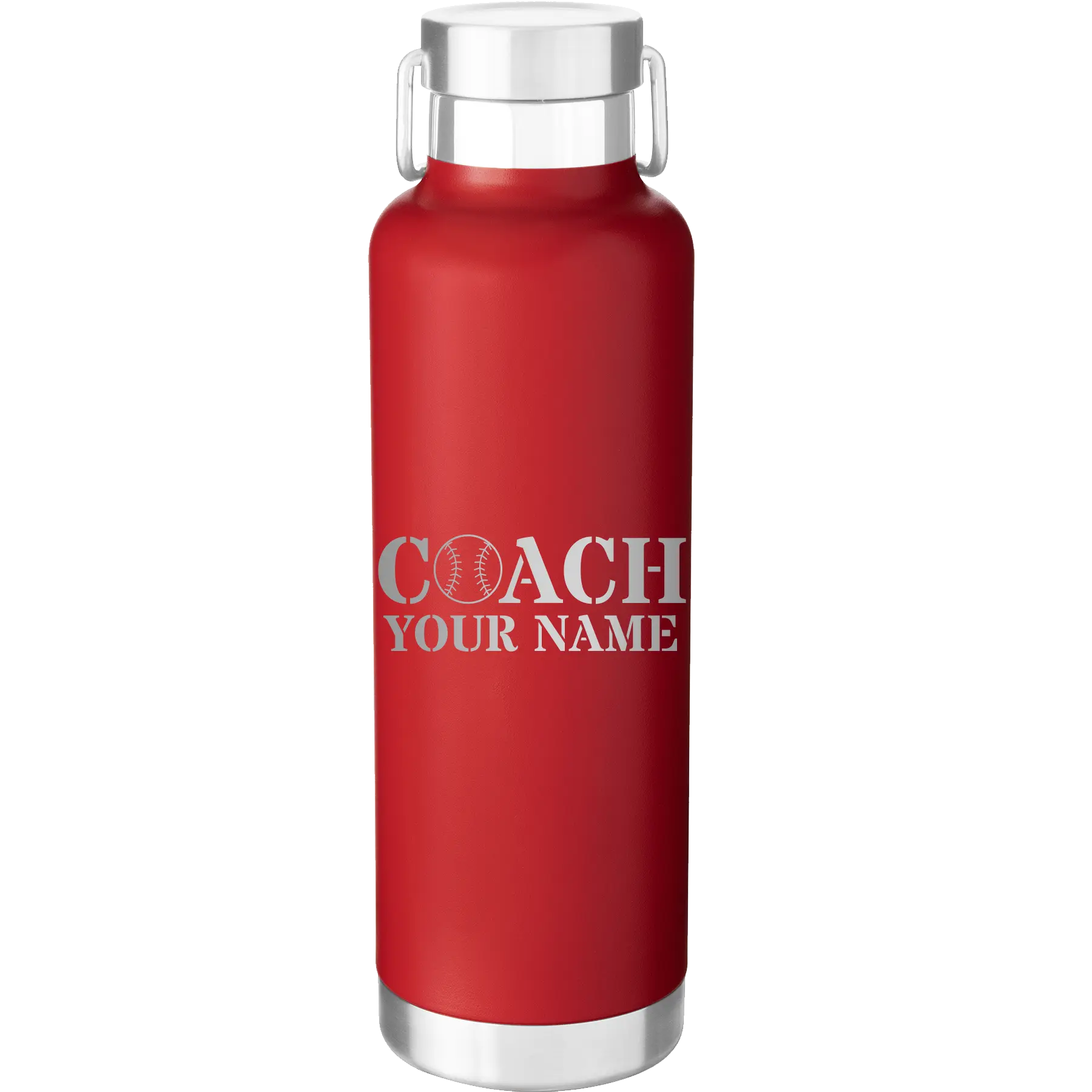 Personalized red 24 oz vacuum insulated water bottle with 'Coach Baseball' design