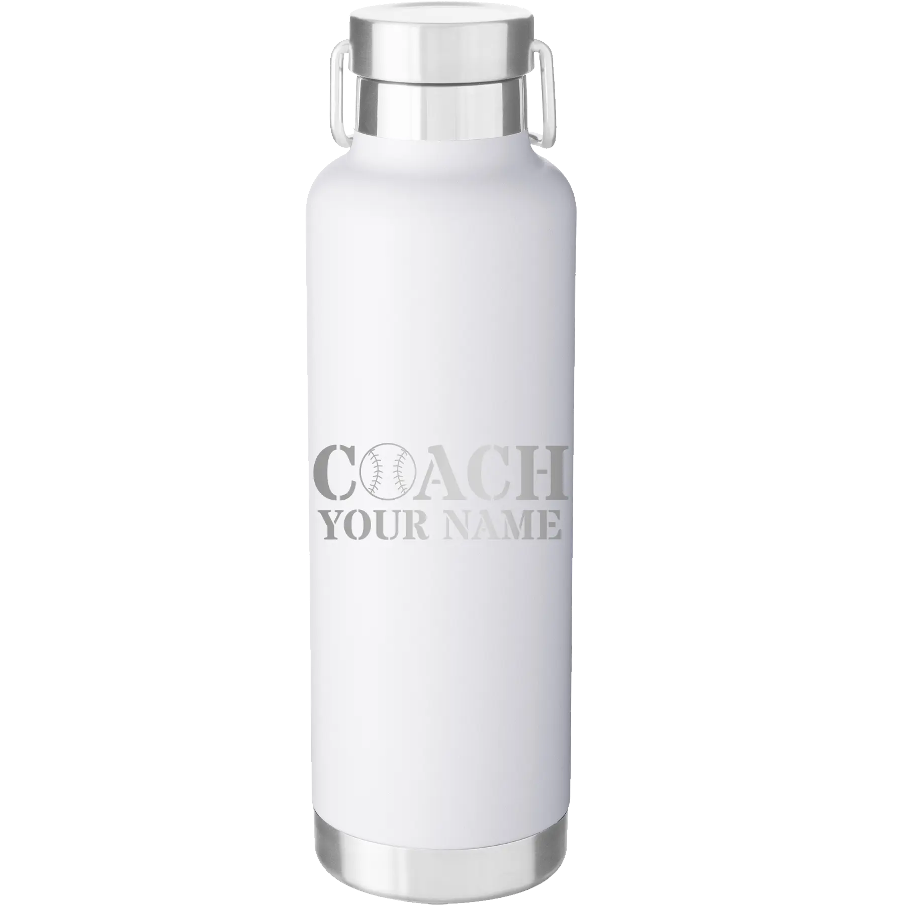 Personalized white 24 oz vacuum insulated water bottle with 'Coach Baseball' design