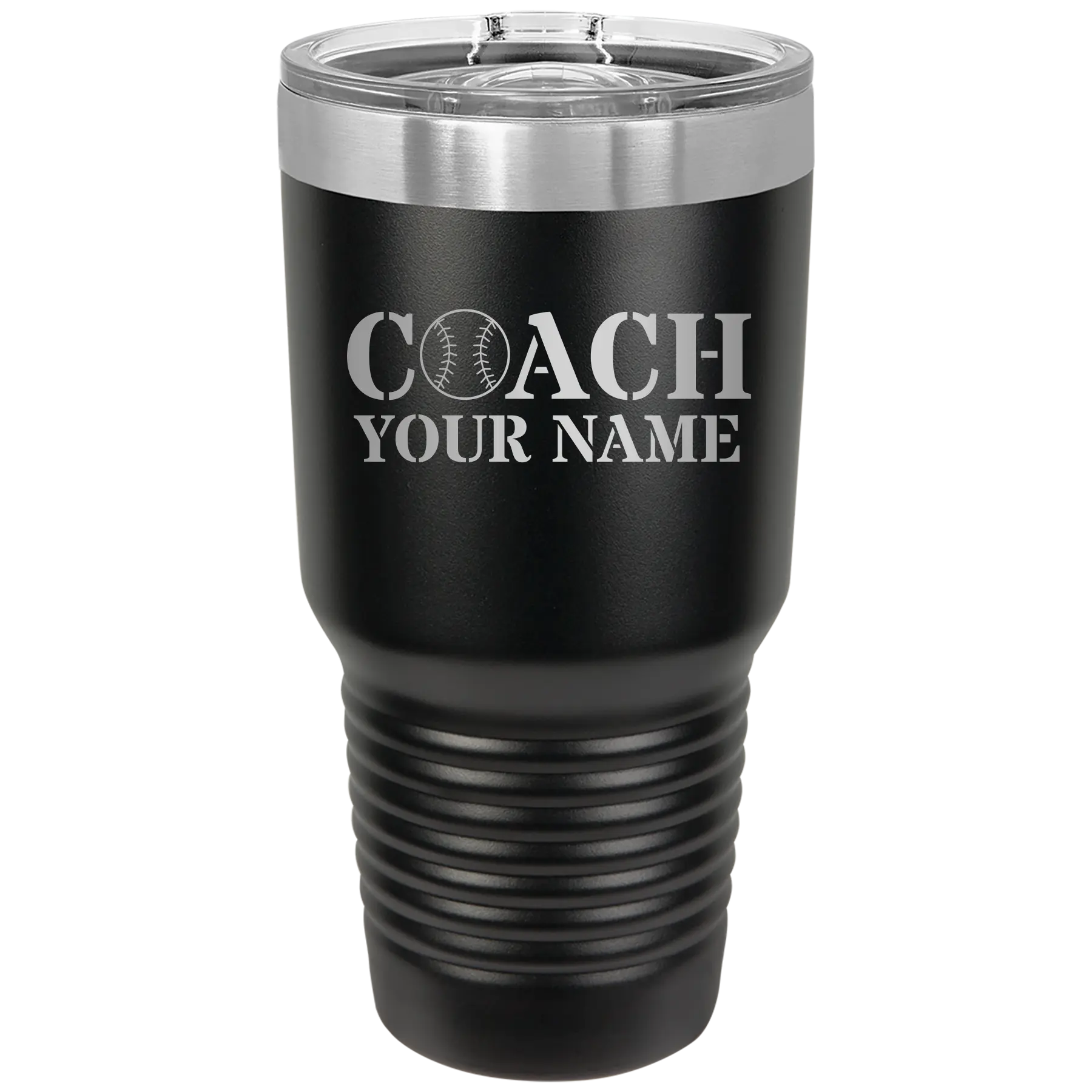 Personalized black 30 oz vacuum insulated tumbler with 'Coach Baseball' design