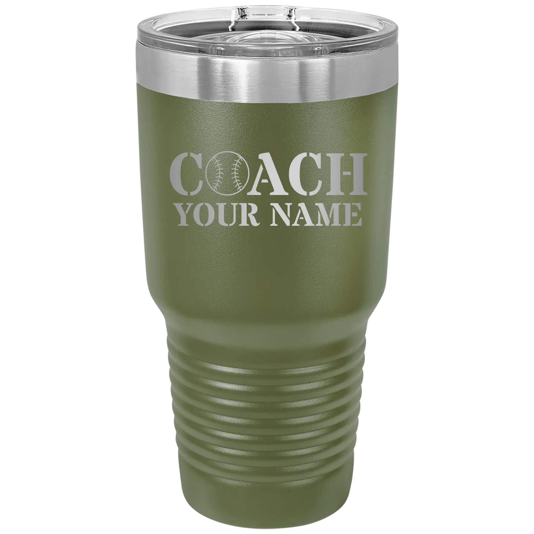 Personalized olive green 30 oz vacuum insulated tumbler with 'Coach Baseball' design