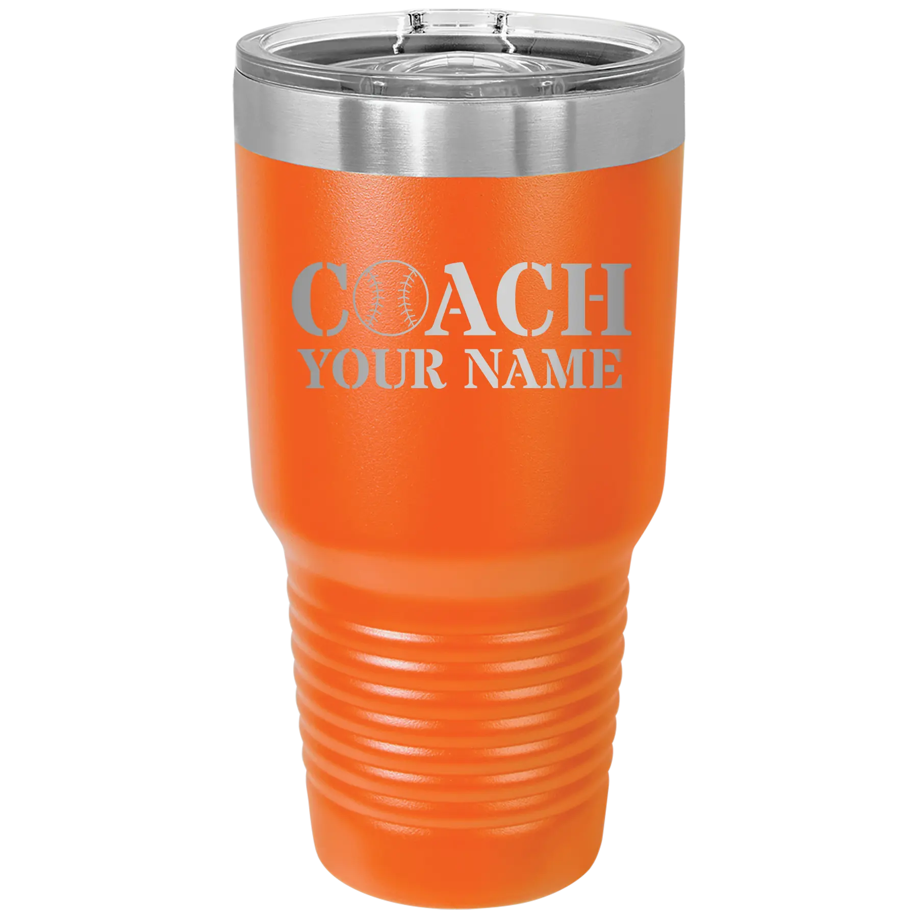 Personalized orange 30 oz vacuum insulated tumbler with 'Coach Baseball' design