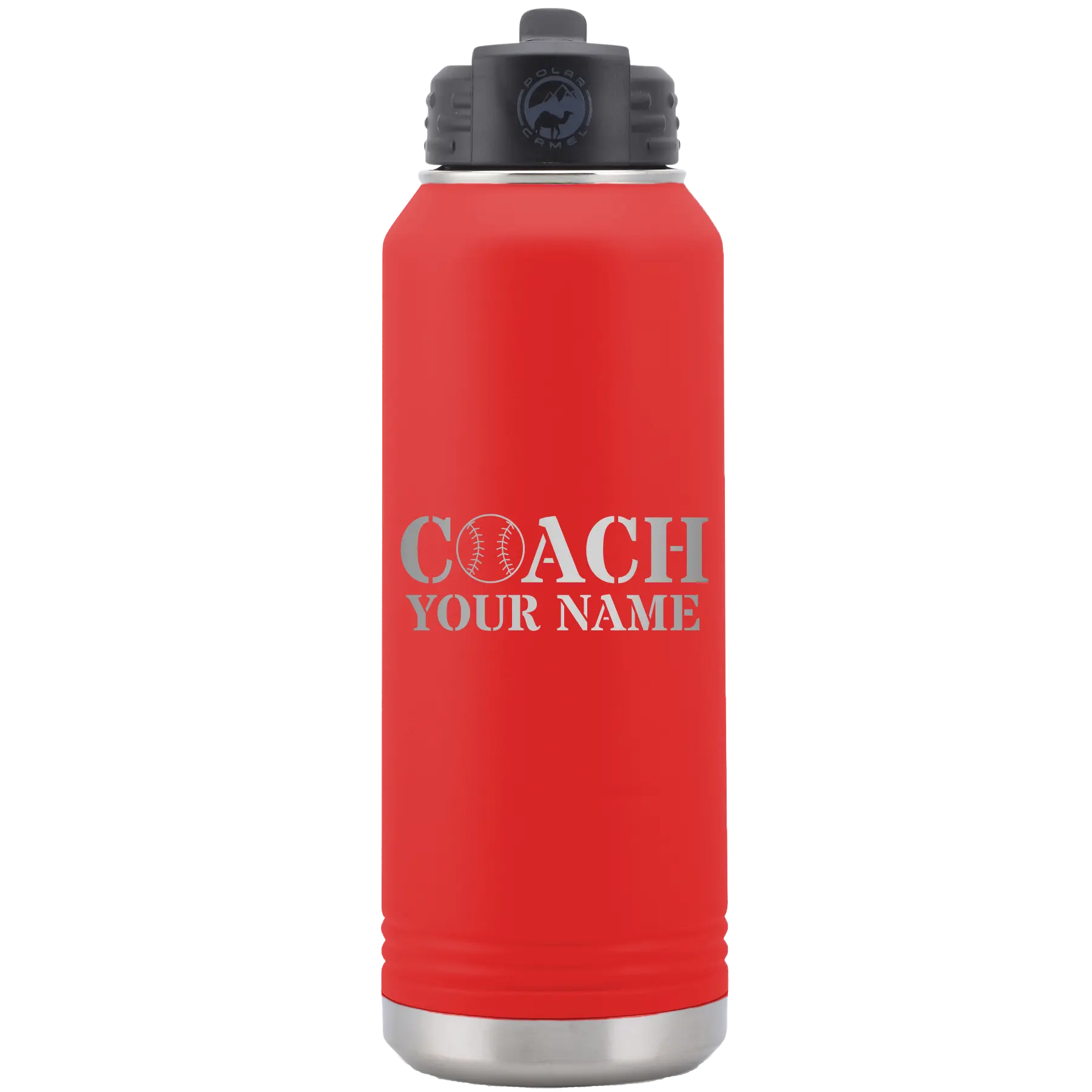 Personalized red 32 oz vacuum insulated water bottle with 'Coach Baseball' design