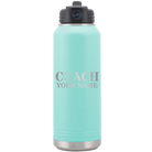 Personalized teal 32 oz vacuum insulated water bottle with 'Coach Baseball' design