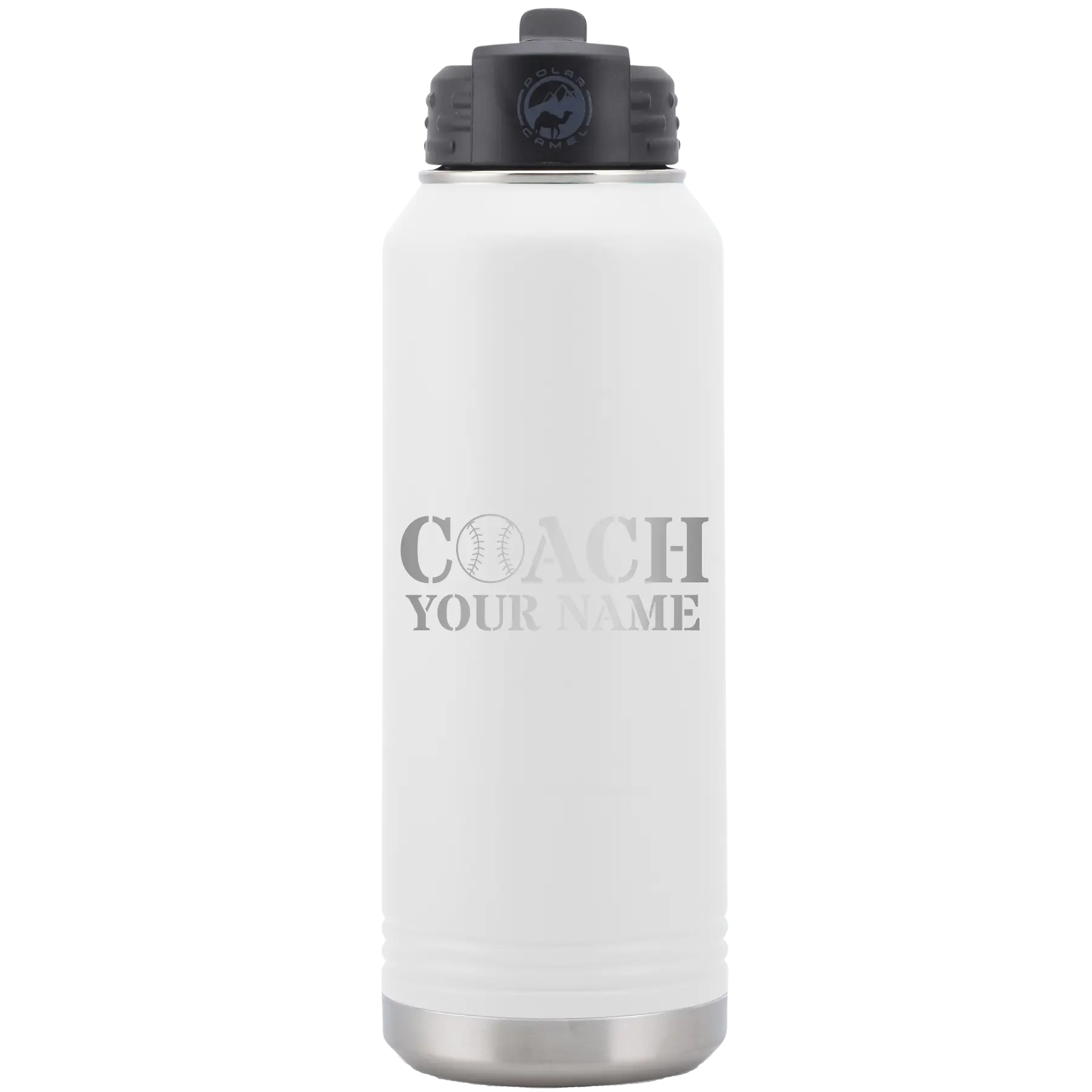 Personalized white 32 oz vacuum insulated water bottle with 'Coach Baseball' design