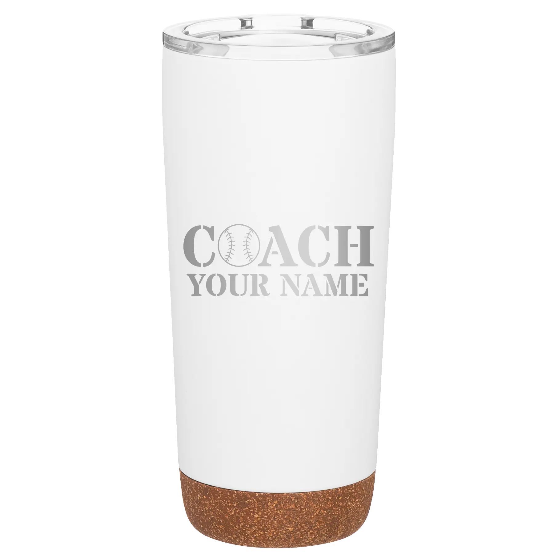 Personalized white 20 oz vacuum insulated tumbler with 'Coach Baseball' design