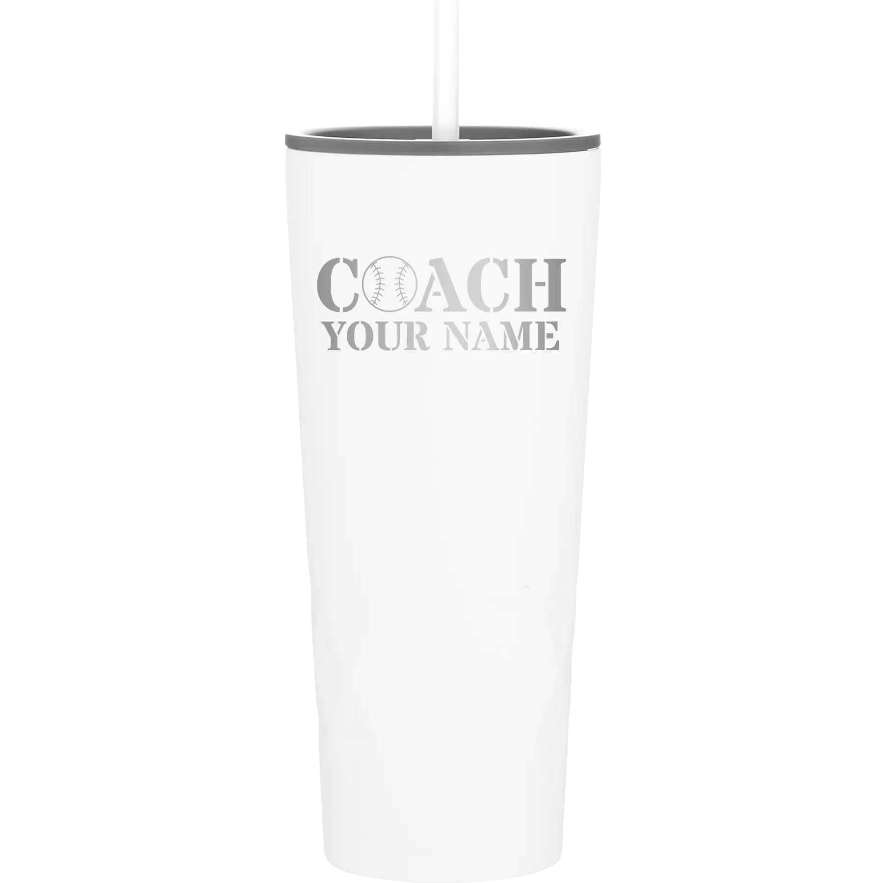 Personalized white 20 oz vacuum insulated tumbler with 'Coach Baseball' design