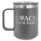 Personalized dark gray 15 oz vacuum insulated coffee mug with 'Coach Cheer' design
