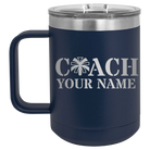 Personalized navy 15 oz vacuum insulated coffee mug with 'Coach Cheer' design
