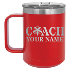 Personalized red 15 oz vacuum insulated coffee mug with 'Coach Cheer' design
