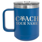 Personalized royal blue 15 oz vacuum insulated coffee mug with 'Coach Cheer' design