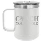 Personalized white 15 oz vacuum insulated coffee mug with 'Coach Cheer' design