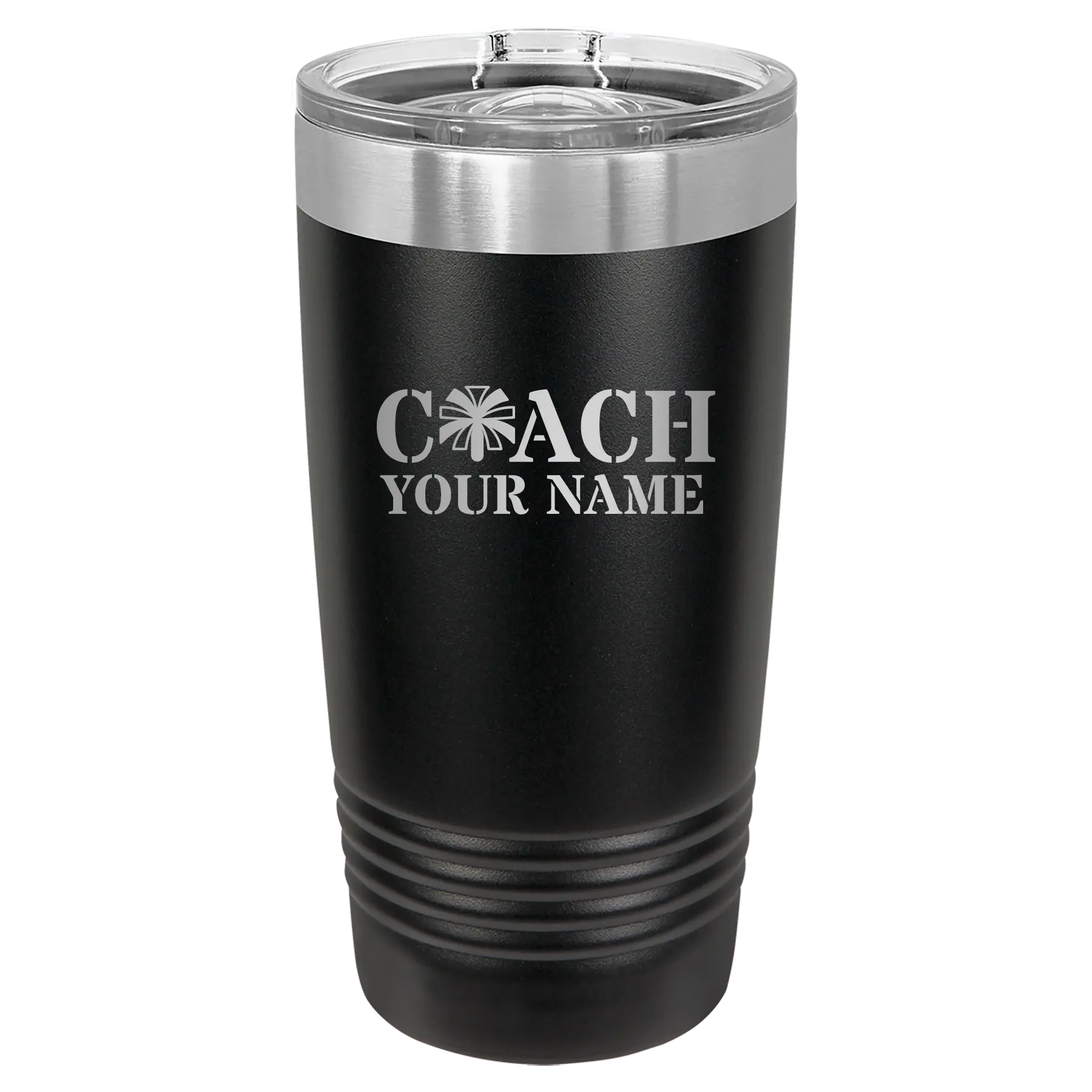 Personalized black 20 oz vacuum insulated tumbler with 'Coach Cheer' design
