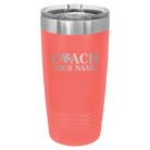 Personalized coral 20 oz vacuum insulated tumbler with 'Coach Cheer' design