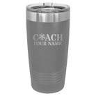 Personalized dark gray 20 oz vacuum insulated tumbler with 'Coach Cheer' design