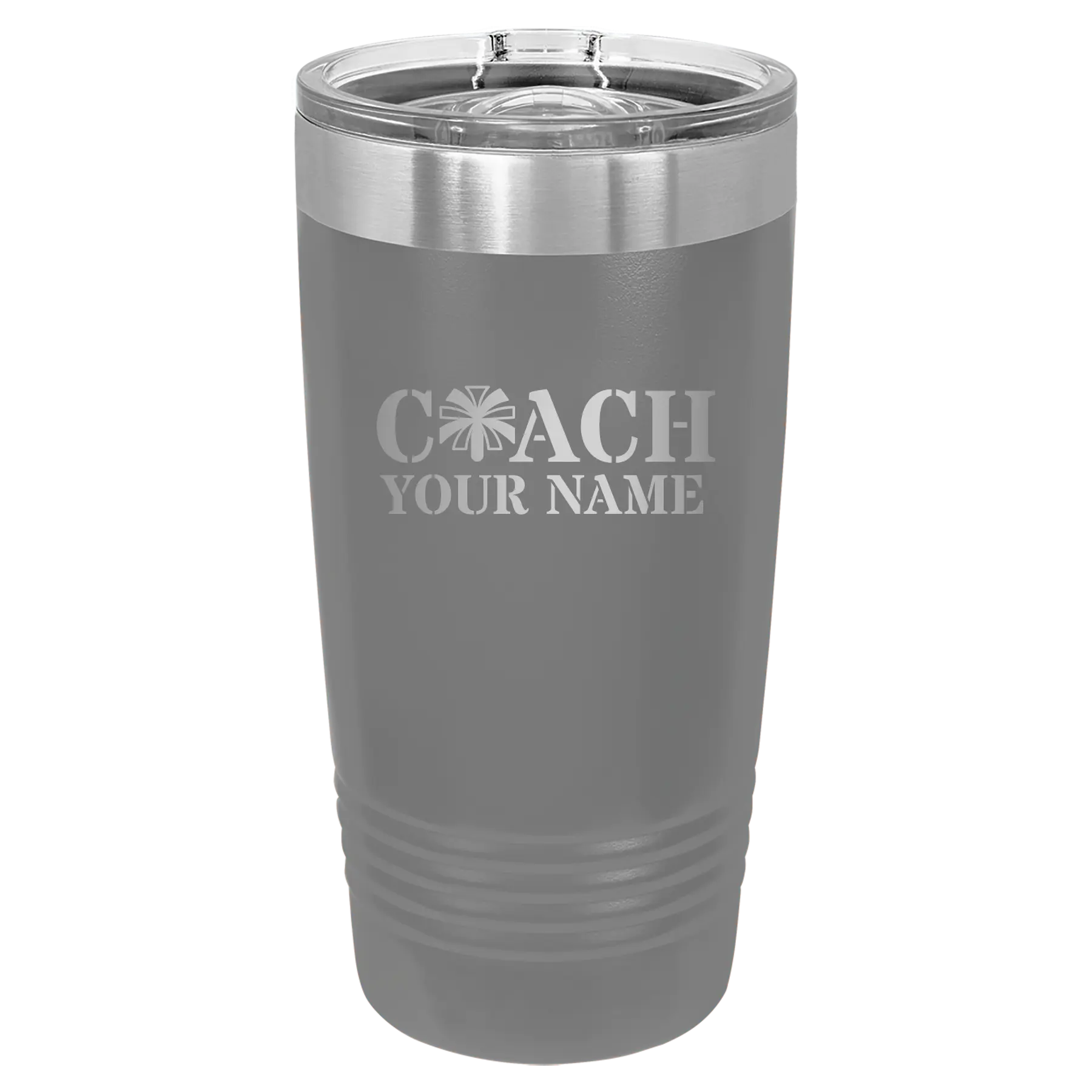 Personalized dark gray 20 oz vacuum insulated tumbler with 'Coach Cheer' design