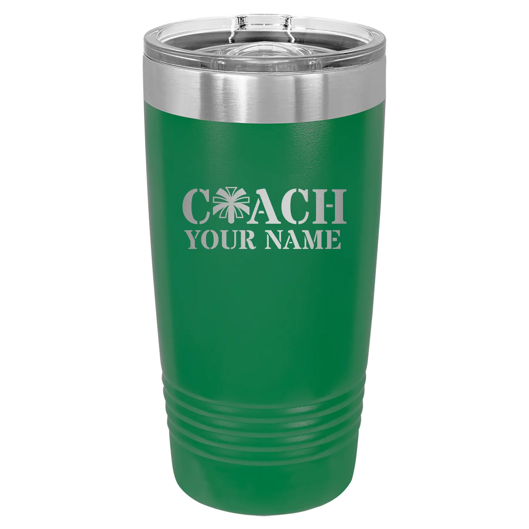 Personalized green 20 oz vacuum insulated tumbler with 'Coach Cheer' design