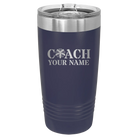 Personalized navy 20 oz vacuum insulated tumbler with 'Coach Cheer' design