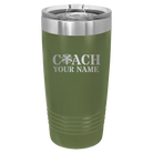 Personalized olive green 20 oz vacuum insulated tumbler with 'Coach Cheer' design