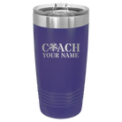 Personalized purple 20 oz vacuum insulated tumbler with 'Coach Cheer' design