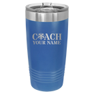 Personalized royal blue 20 oz vacuum insulated tumbler with 'Coach Cheer' design