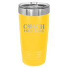 Personalized yellow 20 oz vacuum insulated tumbler with 'Coach Cheer' design