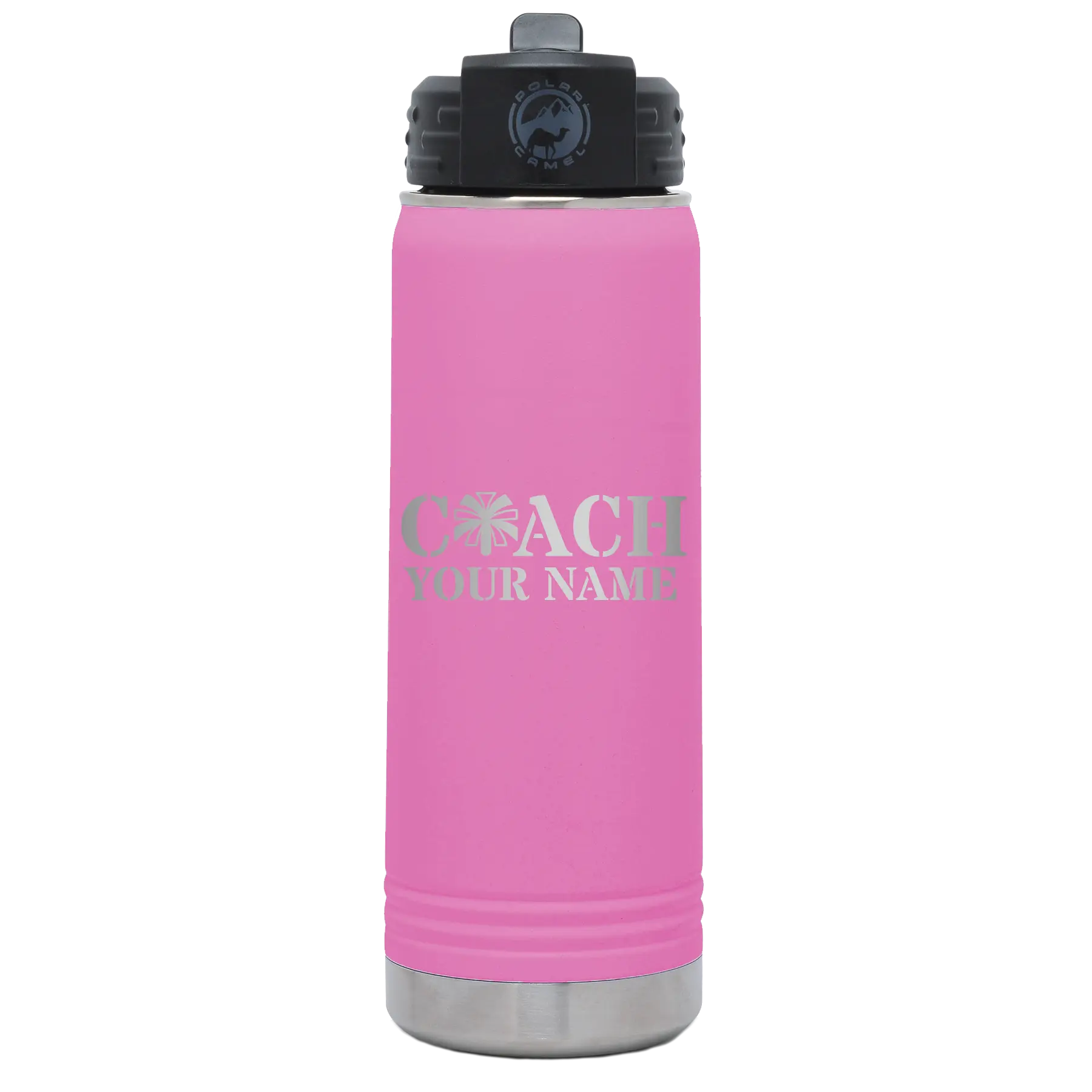 Personalized light purple 20 oz vacuum insulated water bottle with 'Coach Cheer' design