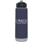 Personalized navy 20 oz vacuum insulated water bottle with 'Coach Cheer' design