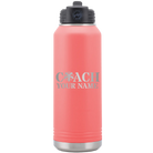Personalized coral 32 oz vacuum insulated water bottle with 'Coach Cheer' design