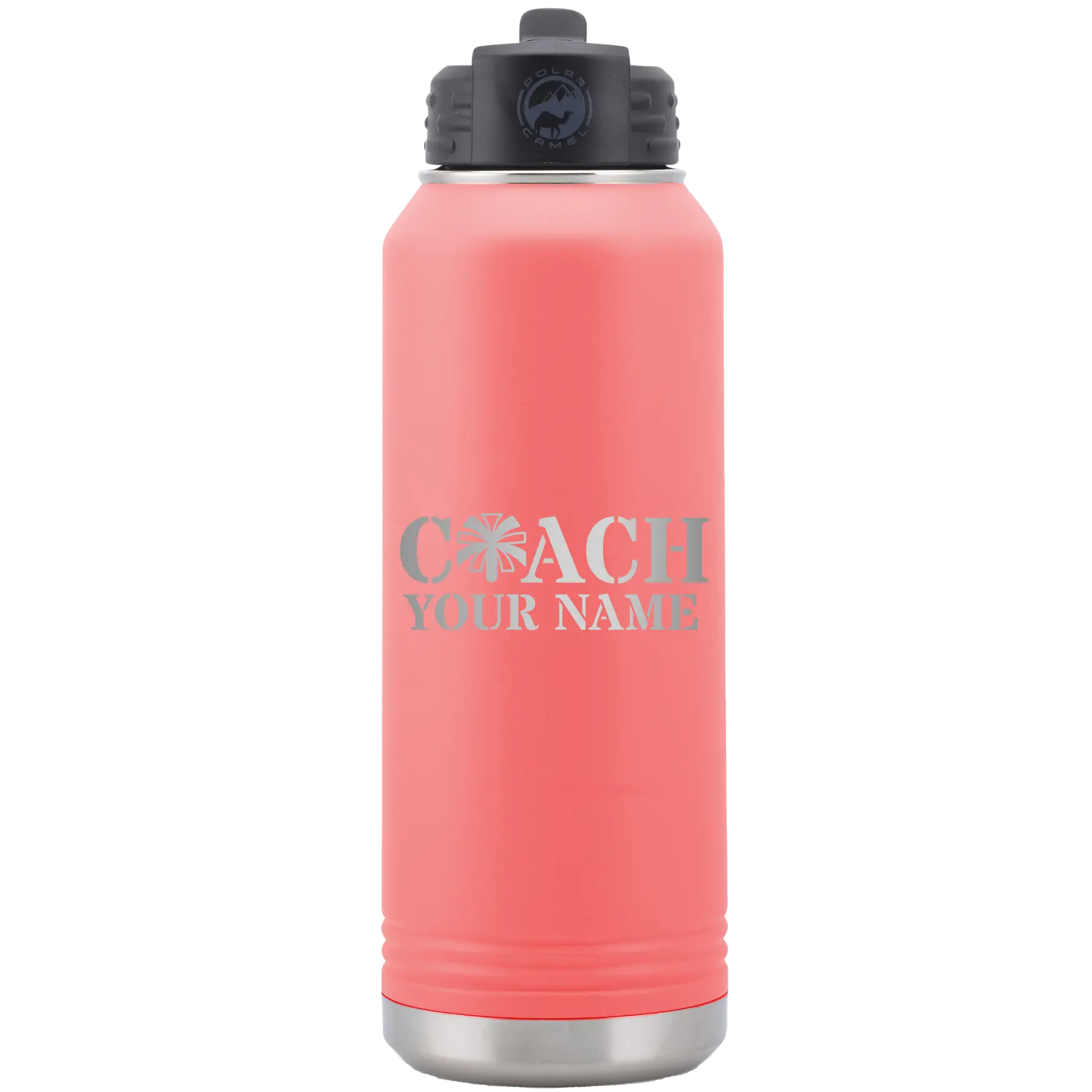 Personalized coral 32 oz vacuum insulated water bottle with 'Coach Cheer' design