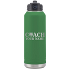 Personalized green 32 oz vacuum insulated water bottle with 'Coach Cheer' design