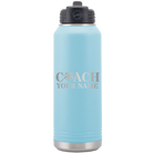 Personalized light blue 32 oz vacuum insulated water bottle with 'Coach Cheer' design