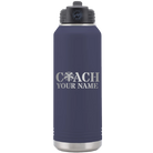 Personalized navy 32 oz vacuum insulated water bottle with 'Coach Cheer' design