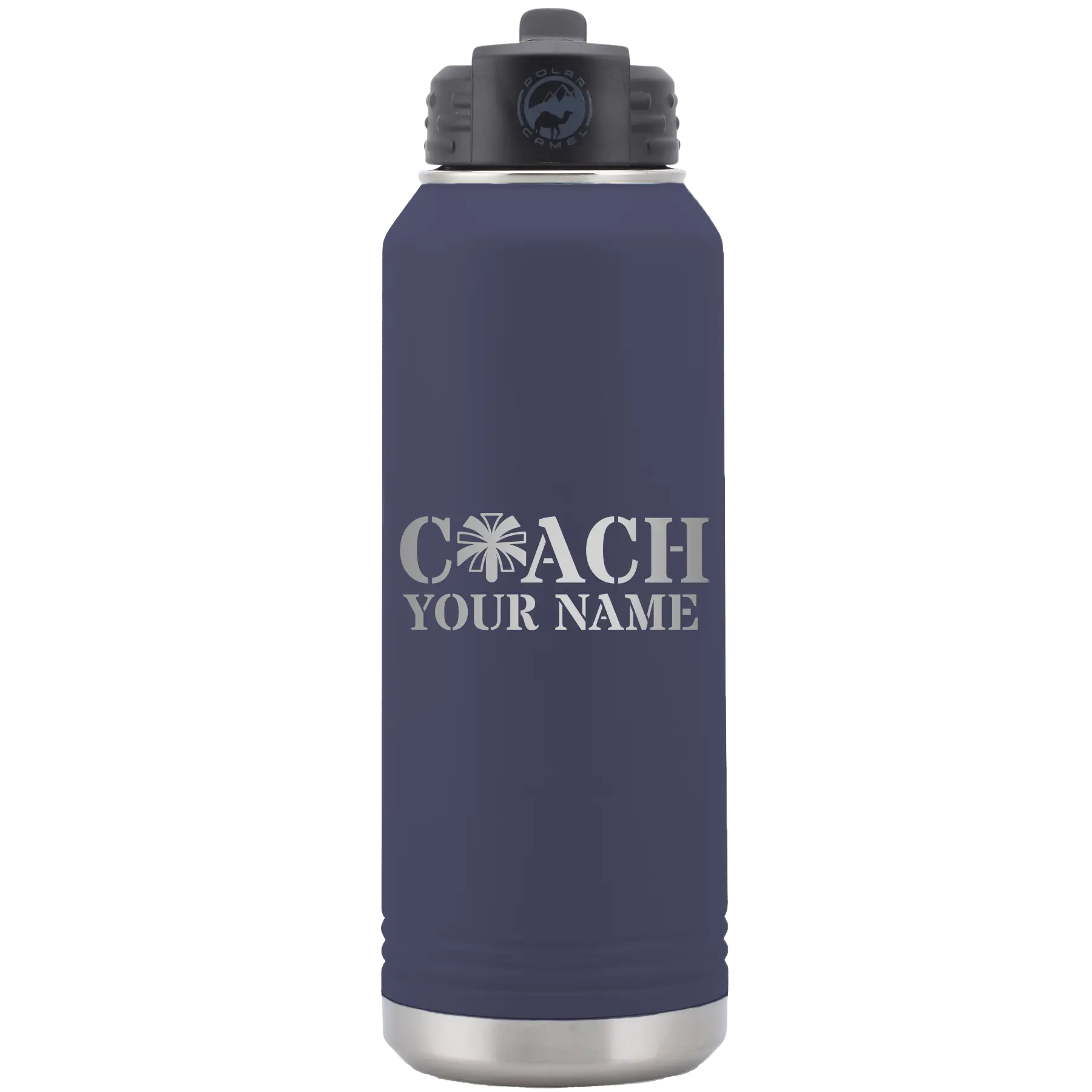 Personalized navy 32 oz vacuum insulated water bottle with 'Coach Cheer' design