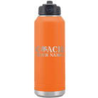 Personalized orange 32 oz vacuum insulated water bottle with 'Coach Cheer' design