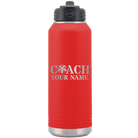 Personalized red 32 oz vacuum insulated water bottle with 'Coach Cheer' design