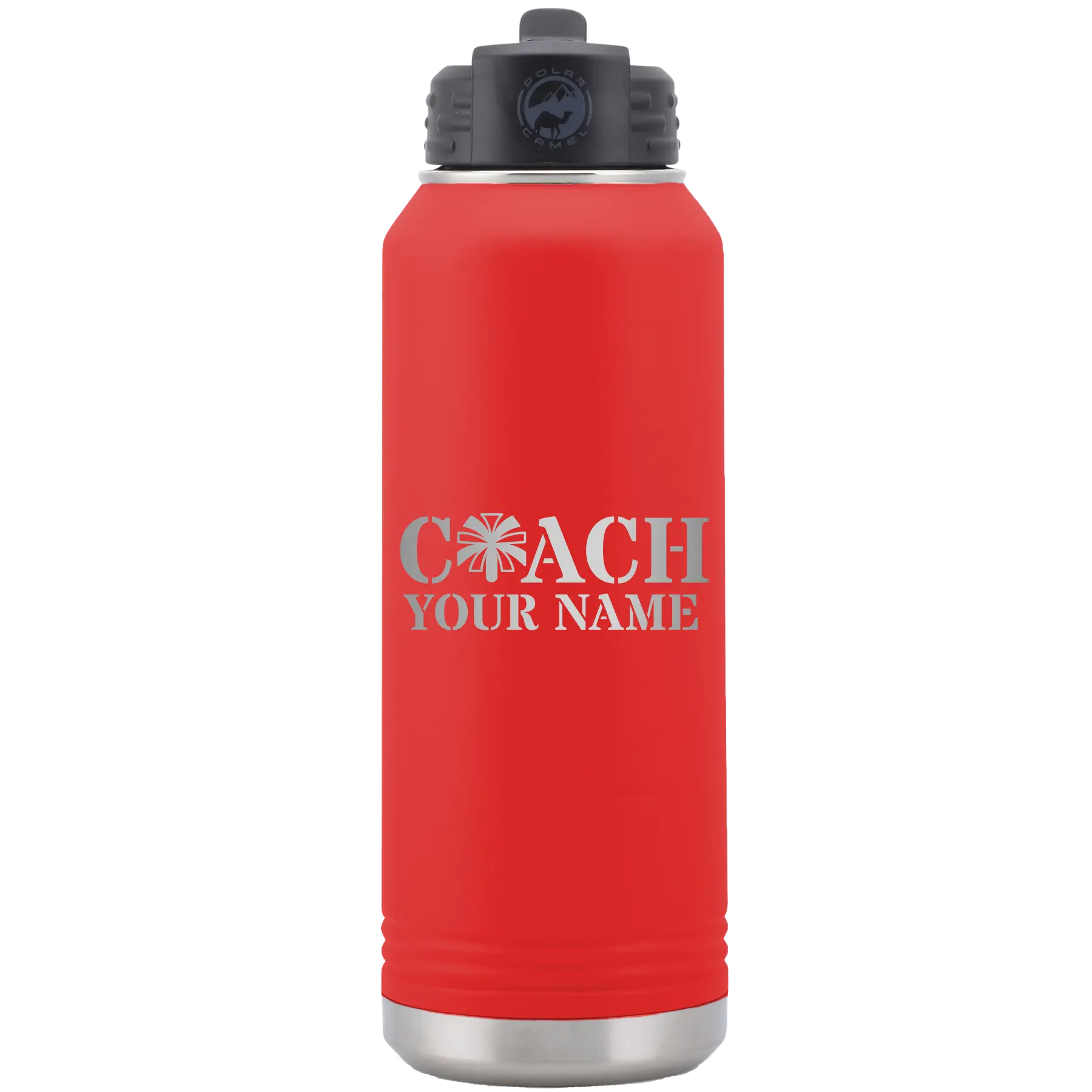 Personalized red 32 oz vacuum insulated water bottle with 'Coach Cheer' design